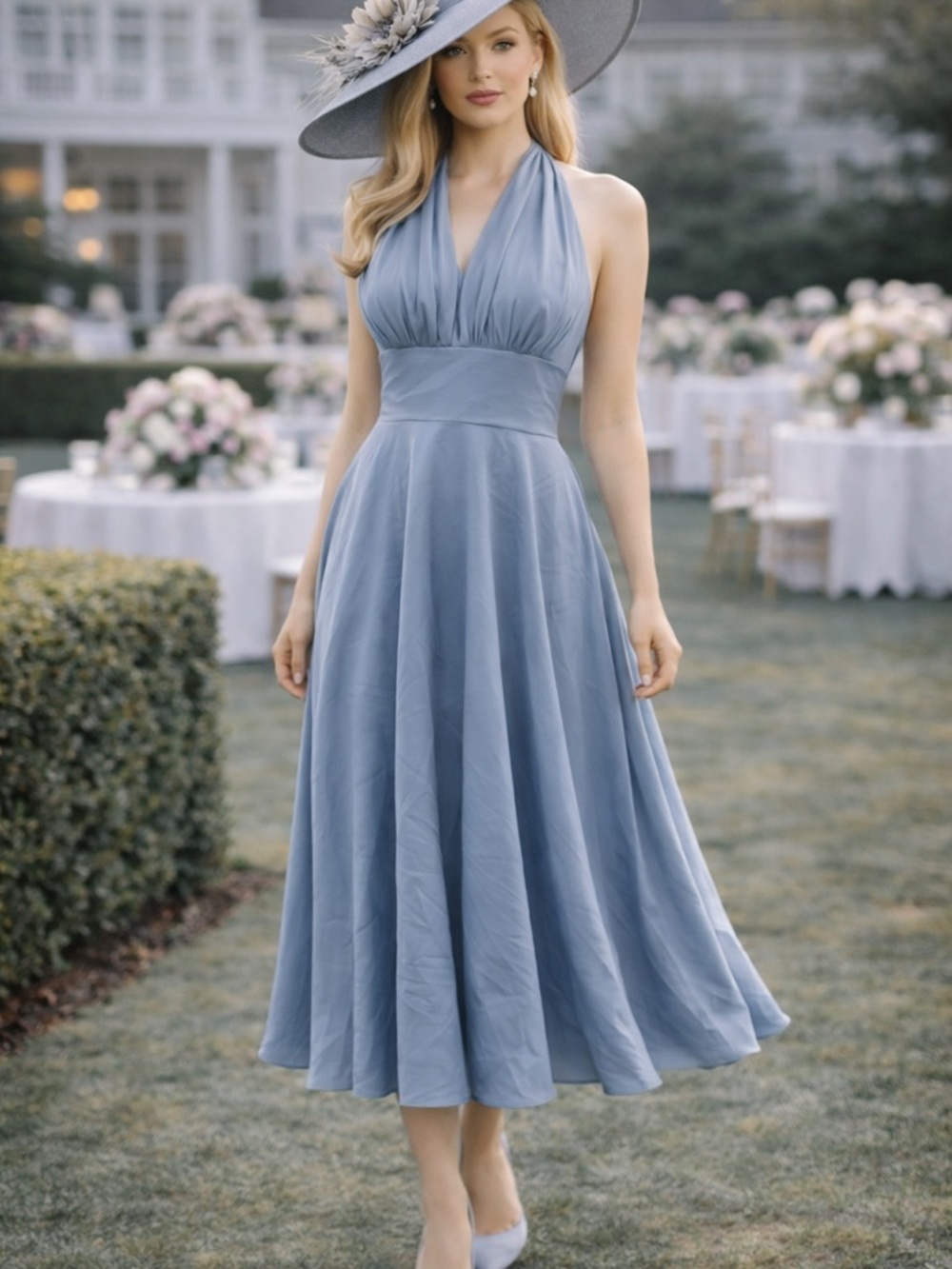 NWT Blue Gray Chiffon Halter Dress Tea Length Elegant Formal Size 8